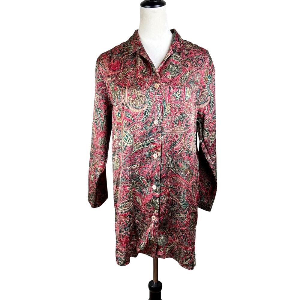 Vintage Victoria's Secret Red Green Gold Paisley Satin Shirt Dress Night Gown